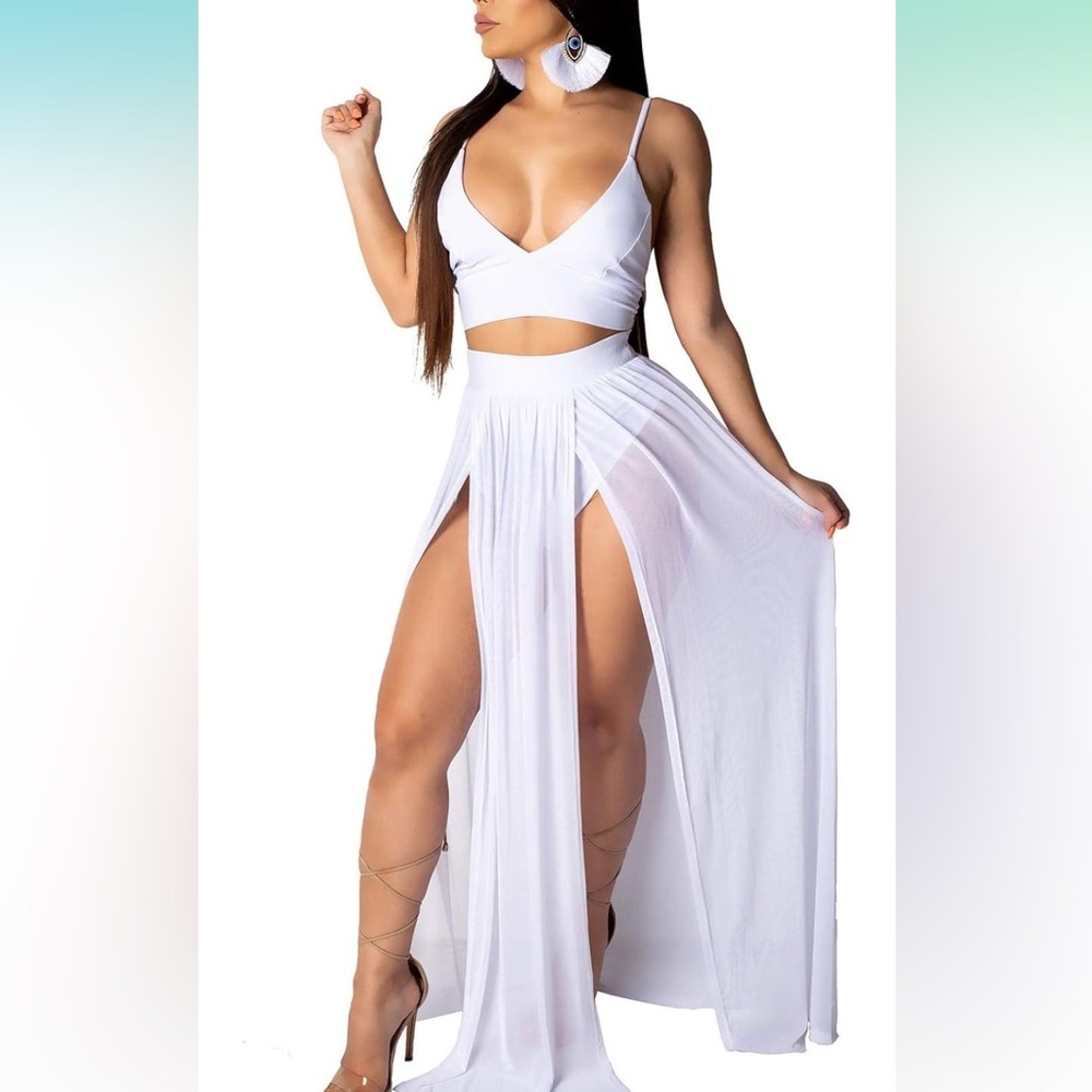 Sexy Dress Chiffon Strap Deep V Neck Bra Crop Top Maxi Dresses Skirt White sz L